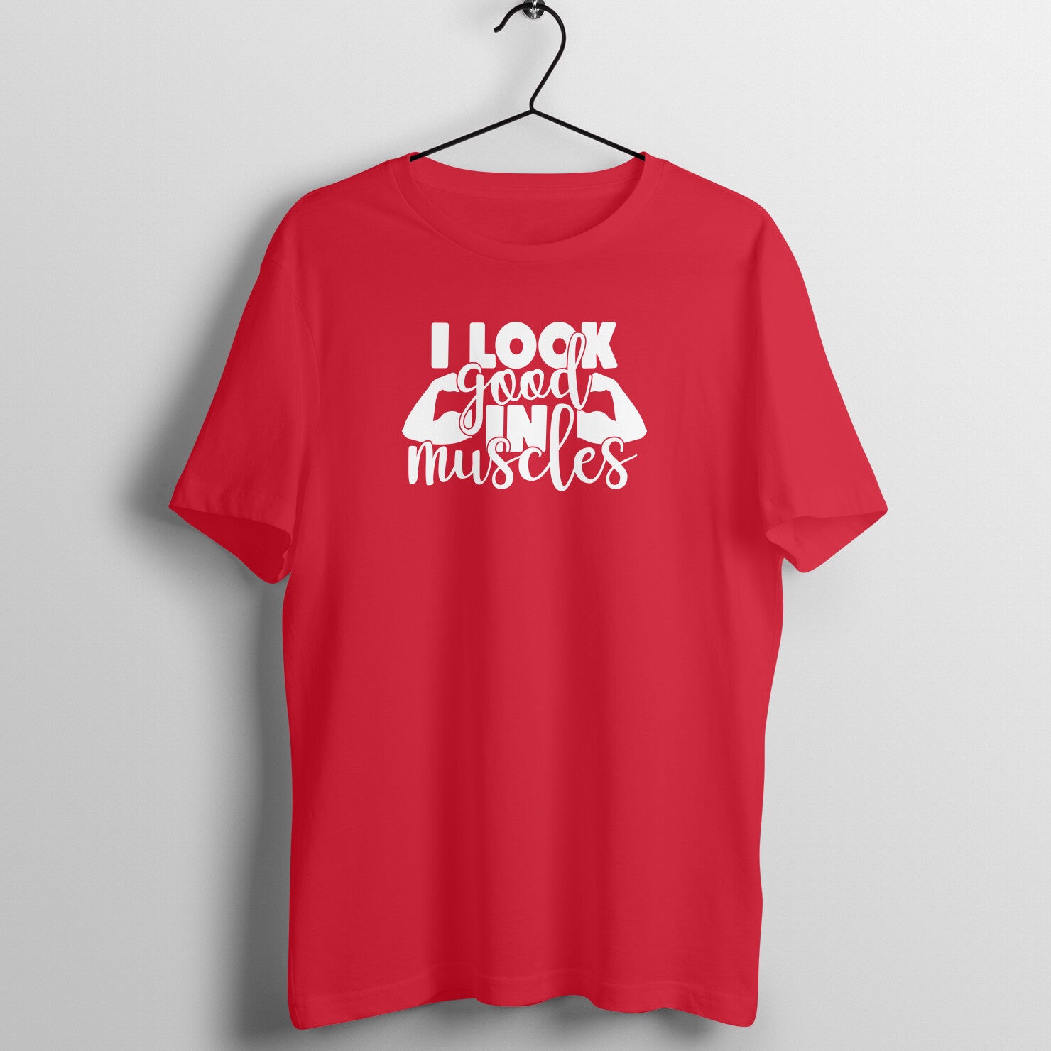 Red women's fitness t-shirt with "I Look Good In Muscles" quote in white | 100% combed cotton, 180 GSM fabric | Fempowered