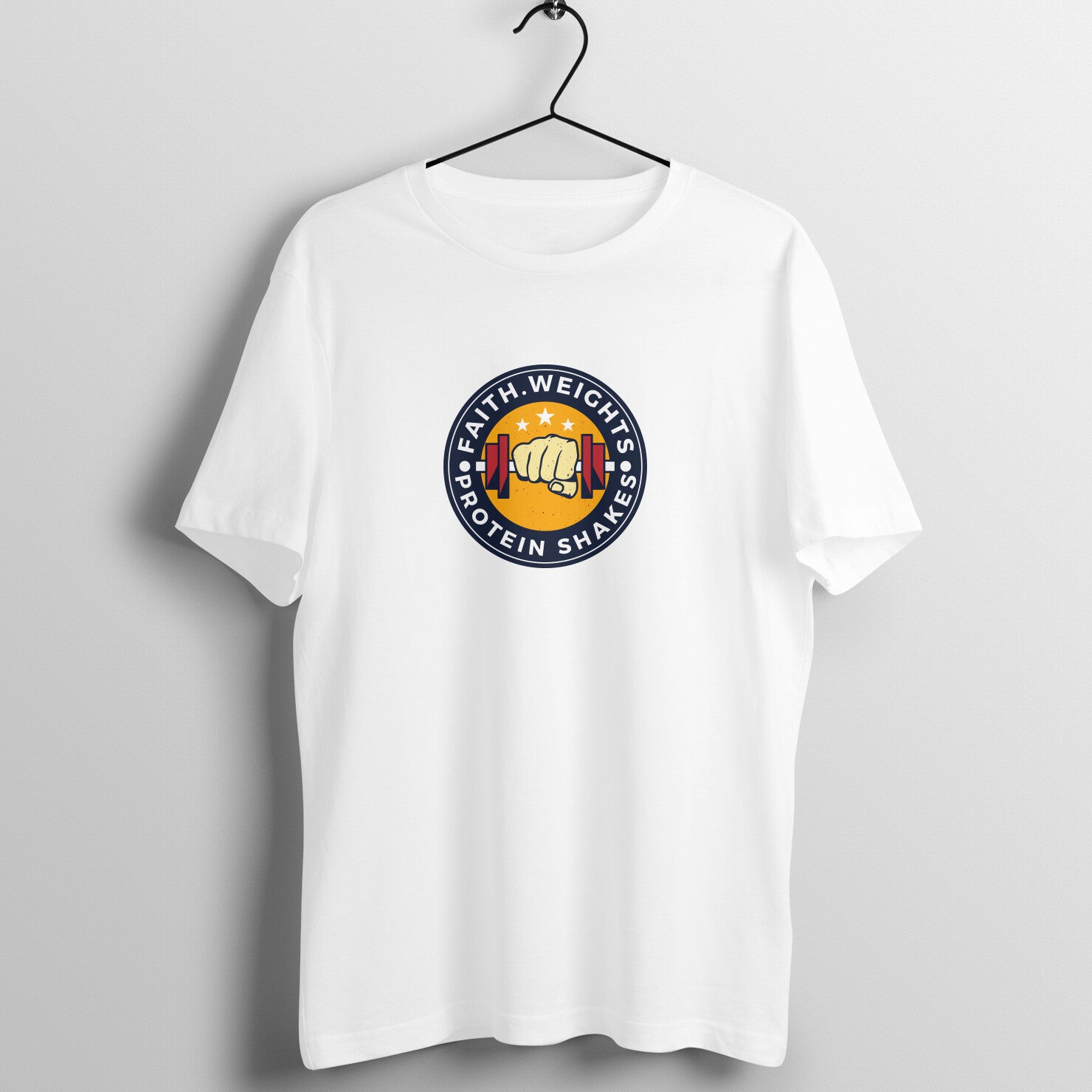 White Women's Fitness T-Shirt with 'Faith, Weights, Protein Shakes' design, perfect for workouts - Fempowered