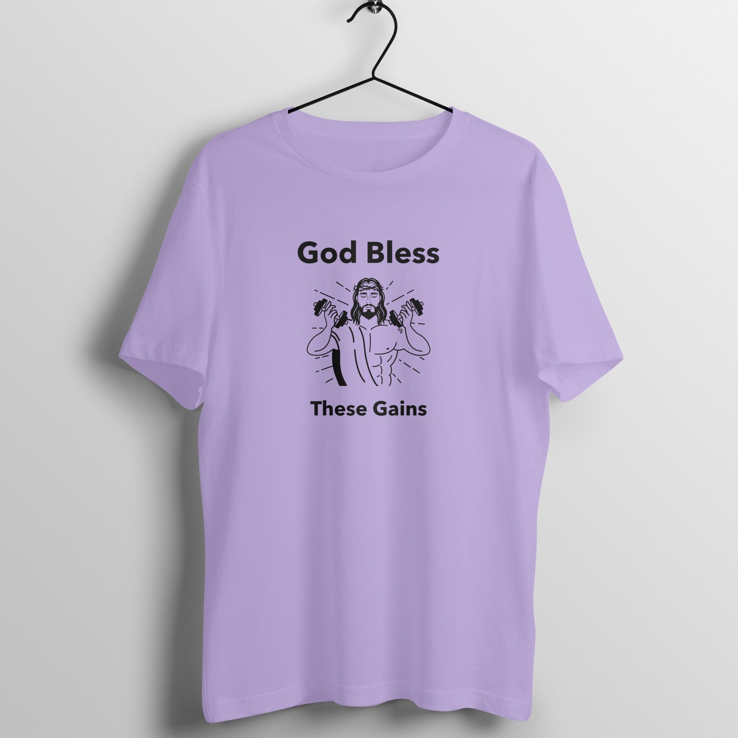Iris Lavender women's fitness t-shirt with "God Bless These Gains" quote in black | 100% combed cotton, 180 GSM fabric | Fempowered
