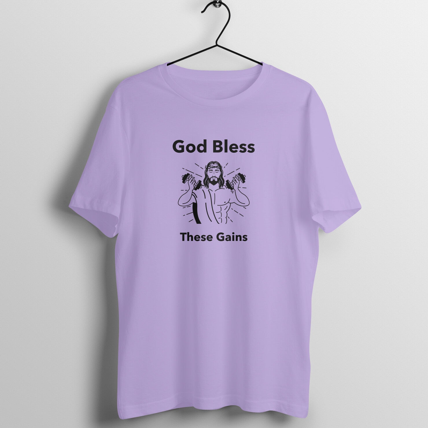 Iris Lavender women's fitness t-shirt with "God Bless These Gains" quote in black | 100% combed cotton, 180 GSM fabric | Fempowered