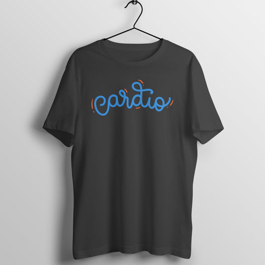 Black women's fitness t-shirt with "Cardio" quote in blue and orange | 100% combed cotton, 180 GSM fabric | Fempowered
