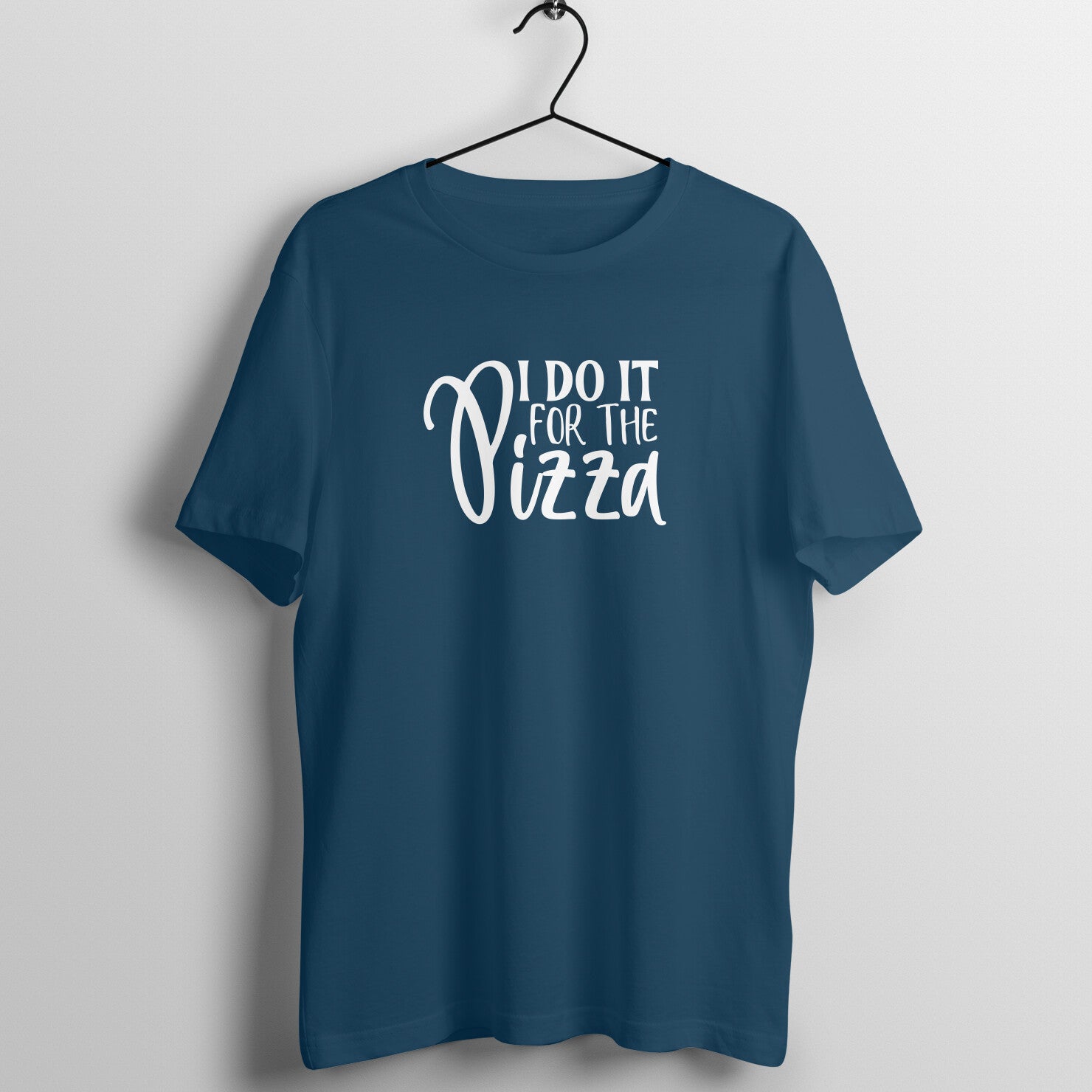 Navy Blue women's fitness t-shirt with "I Do It for the Pizza" quote in white | 100% combed cotton, 180 GSM fabric | Fempowered