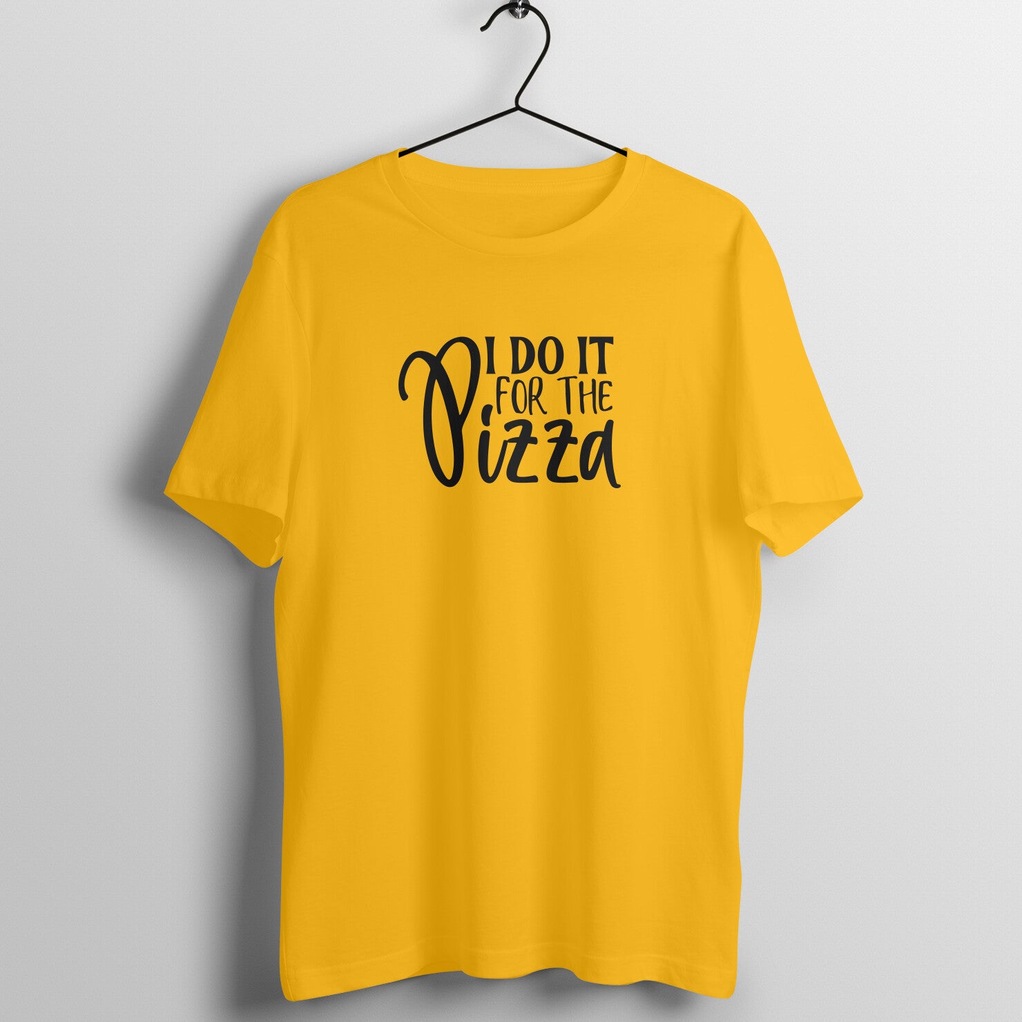 Golden Yellow women's fitness t-shirt with "I Do It for the Pizza" quote in white | 100% combed cotton, 180 GSM fabric | Fempowered