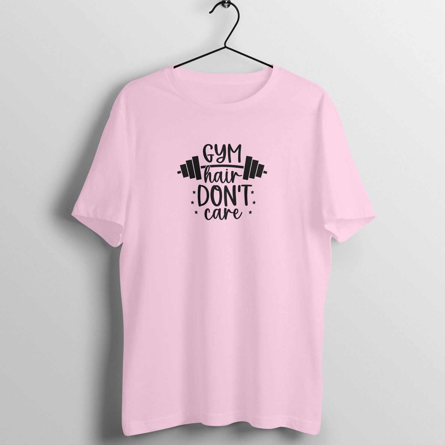 Light Pink women's fitness t-shirt with "Gym Hair Don't Care" quote in white | 100% combed cotton, 180 GSM fabric | Fempowered