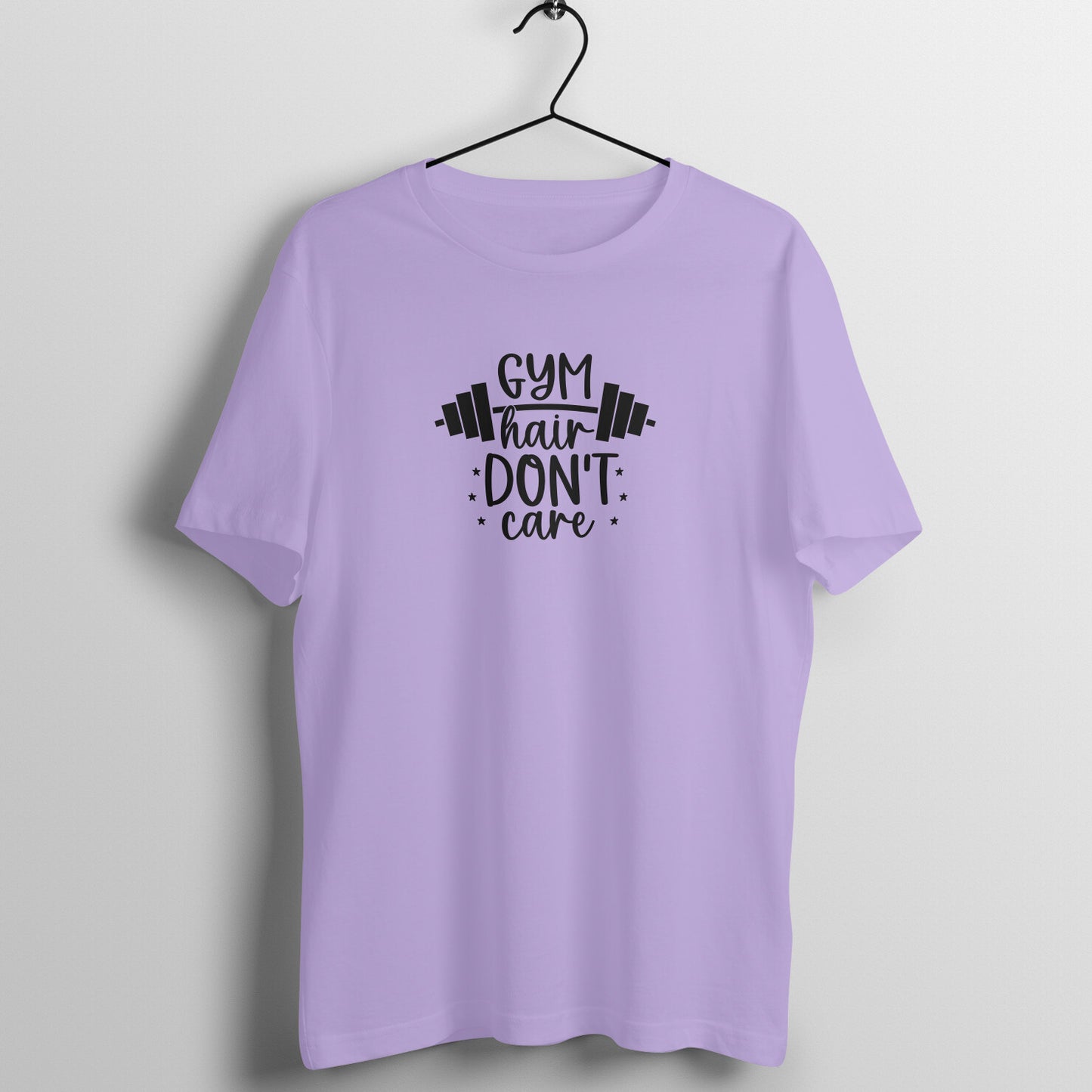 Iris Lavender women's fitness t-shirt with "Gym Hair Don't Care" quote in white | 100% combed cotton, 180 GSM fabric | Fempowered