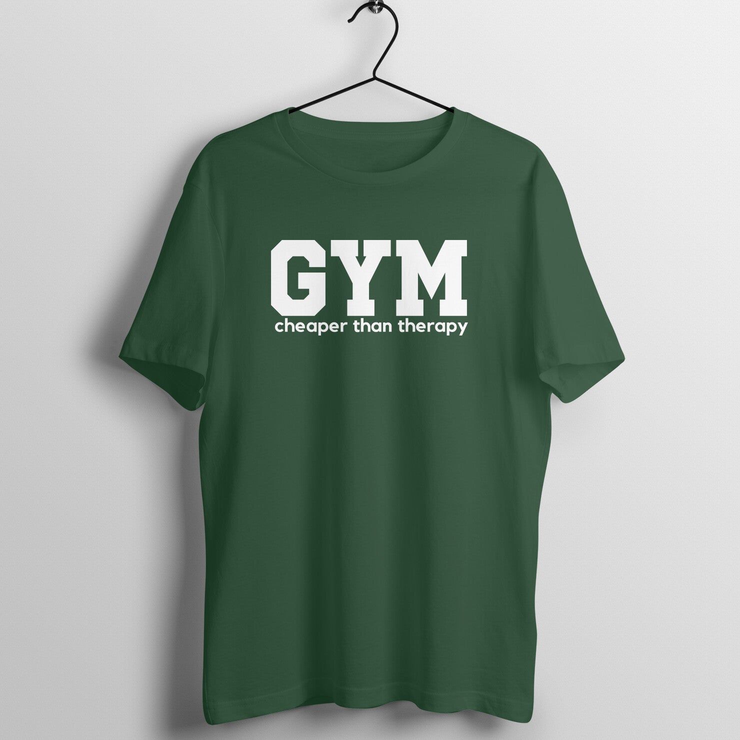 Olive Green women's fitness t-shirt with "Gym is Cheaper Than Therapy" quote in white | 100% combed cotton, 180 GSM fabric | Fempowered