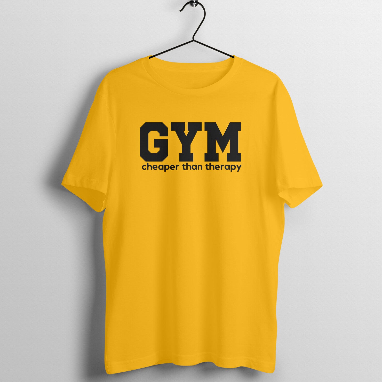 Golden Yellow women's fitness t-shirt with "Gym is Cheaper Than Therapy" quote in white | 100% combed cotton, 180 GSM fabric | Fempowered