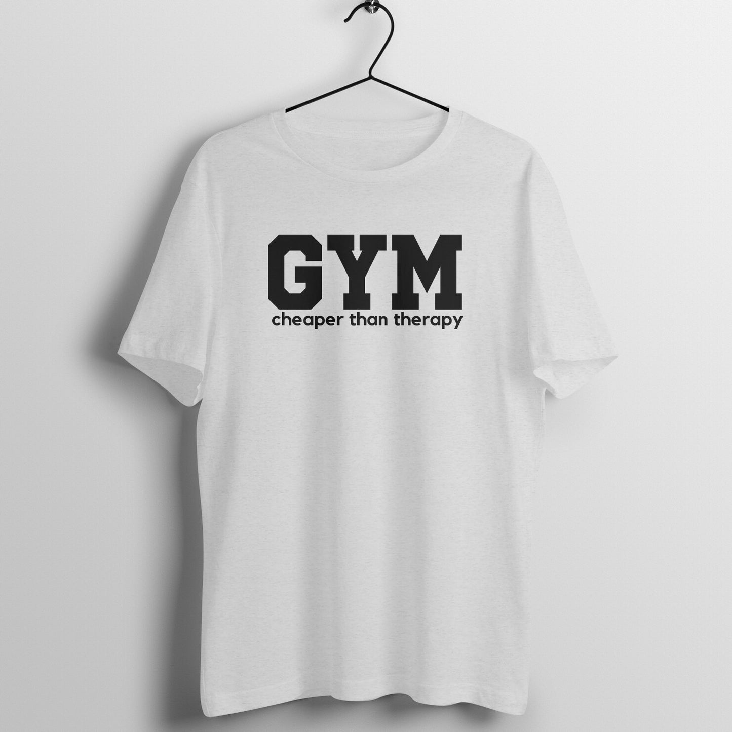 Melange Grey women's fitness t-shirt with "Gym is Cheaper Than Therapy" quote in white | 100% combed cotton, 180 GSM fabric | Fempowered