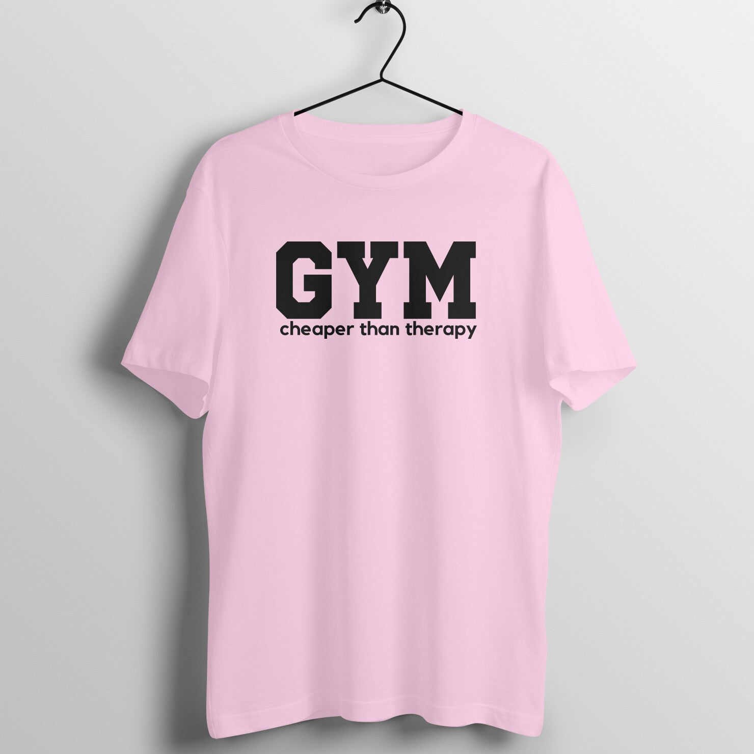 Light Pink women's fitness t-shirt with "Gym is Cheaper Than Therapy" quote in white | 100% combed cotton, 180 GSM fabric | Fempowered