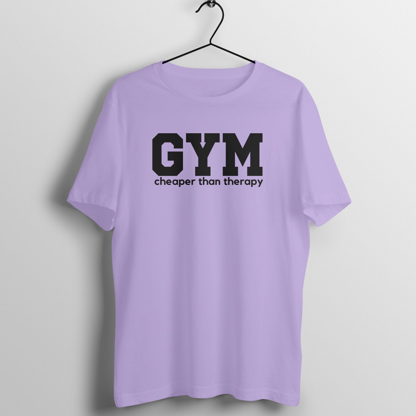 Iris Lavender women's fitness t-shirt with "Gym is Cheaper Than Therapy" quote in white | 100% combed cotton, 180 GSM fabric | Fempowered