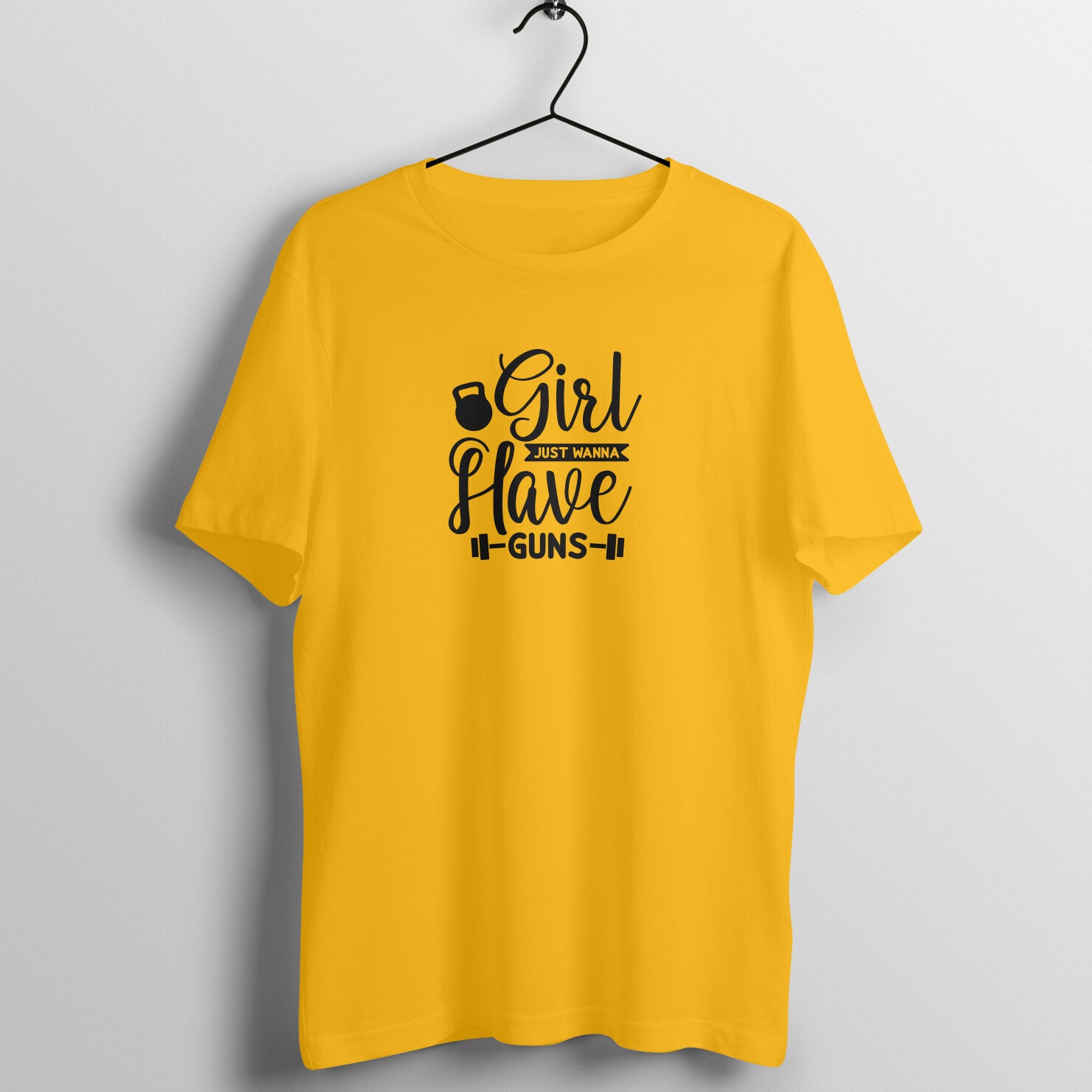 Golden Yellow women's fitness t-shirt with "Girl Just Wanna Have Funs" quote in white | 100% combed cotton, 180 GSM fabric | Fempowered