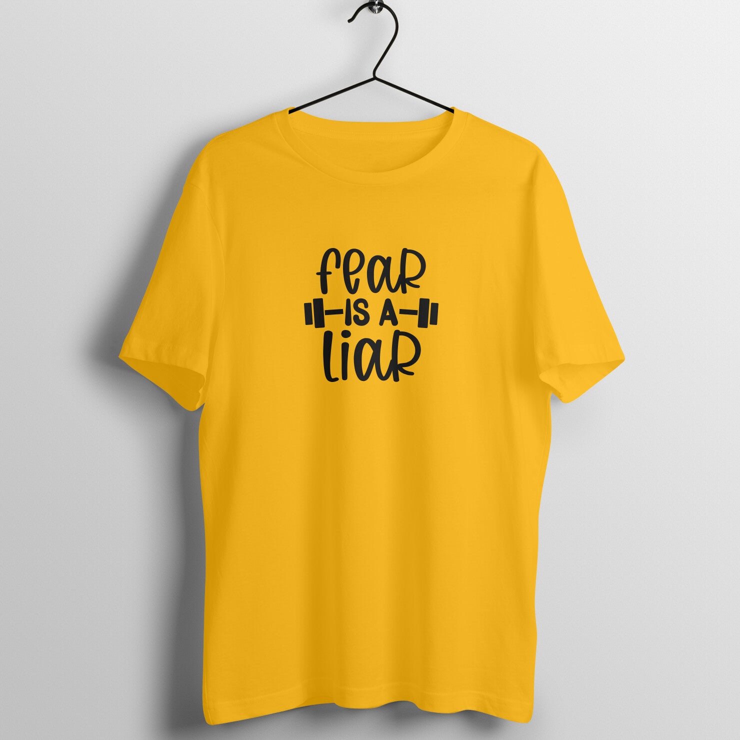 Golden Yellow women's fitness t-shirt with "Fear is a Liar" quote | 100% combed cotton, 180 GSM fabric | Fempowered