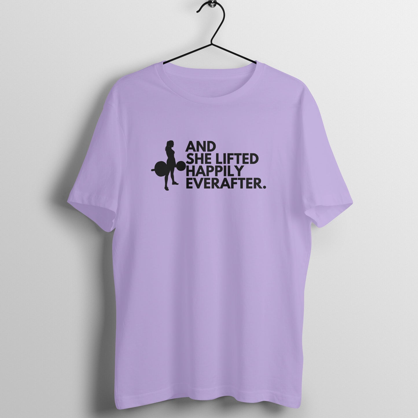 Iris Lavender women's fitness t-shirt with "And She Lifted Happily Ever After" quote | 100% combed cotton, 180 GSM fabric | Fempowered