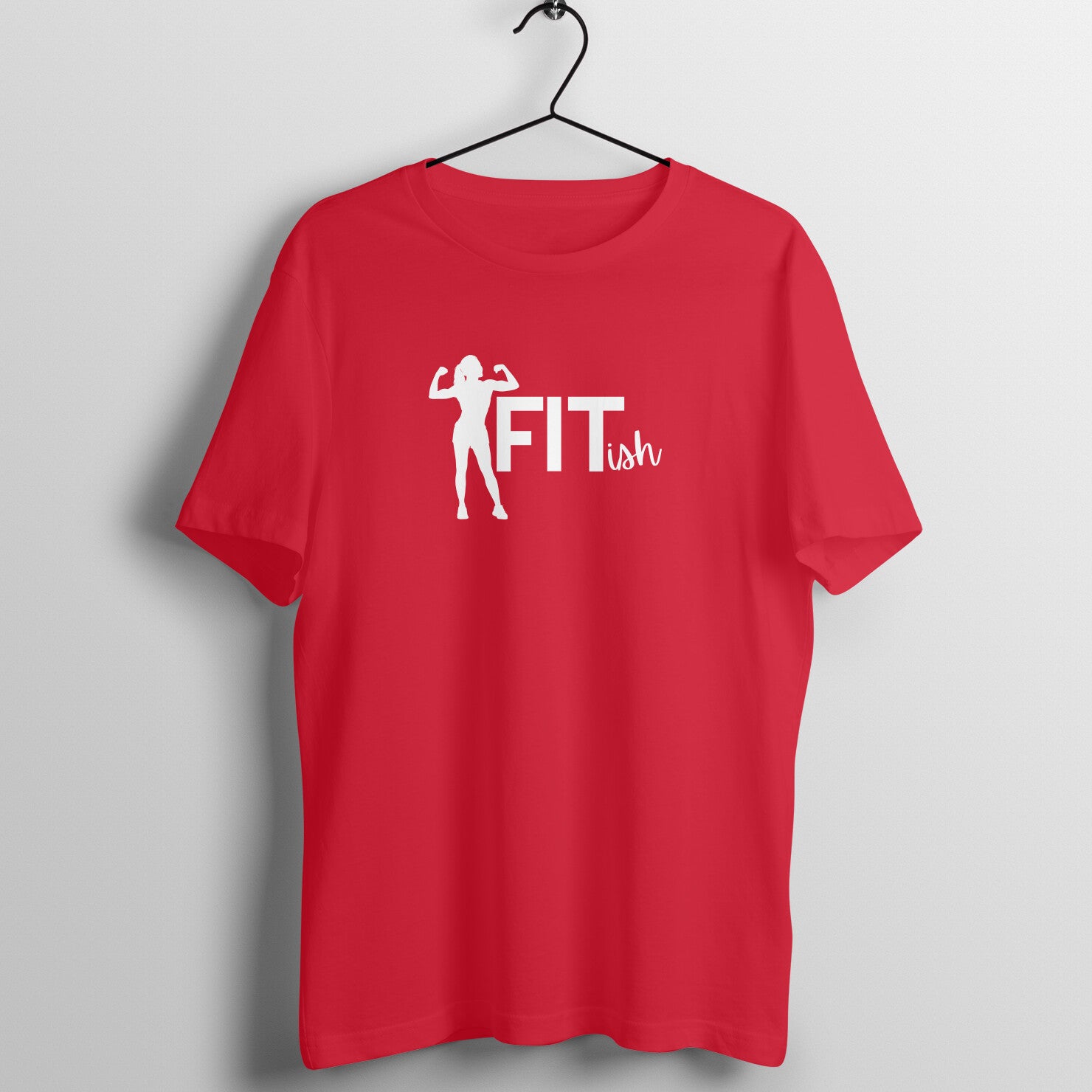 Red women's fitness t-shirt with "FITish" quote in white | 100% combed cotton, 180 GSM fabric | Fempowered