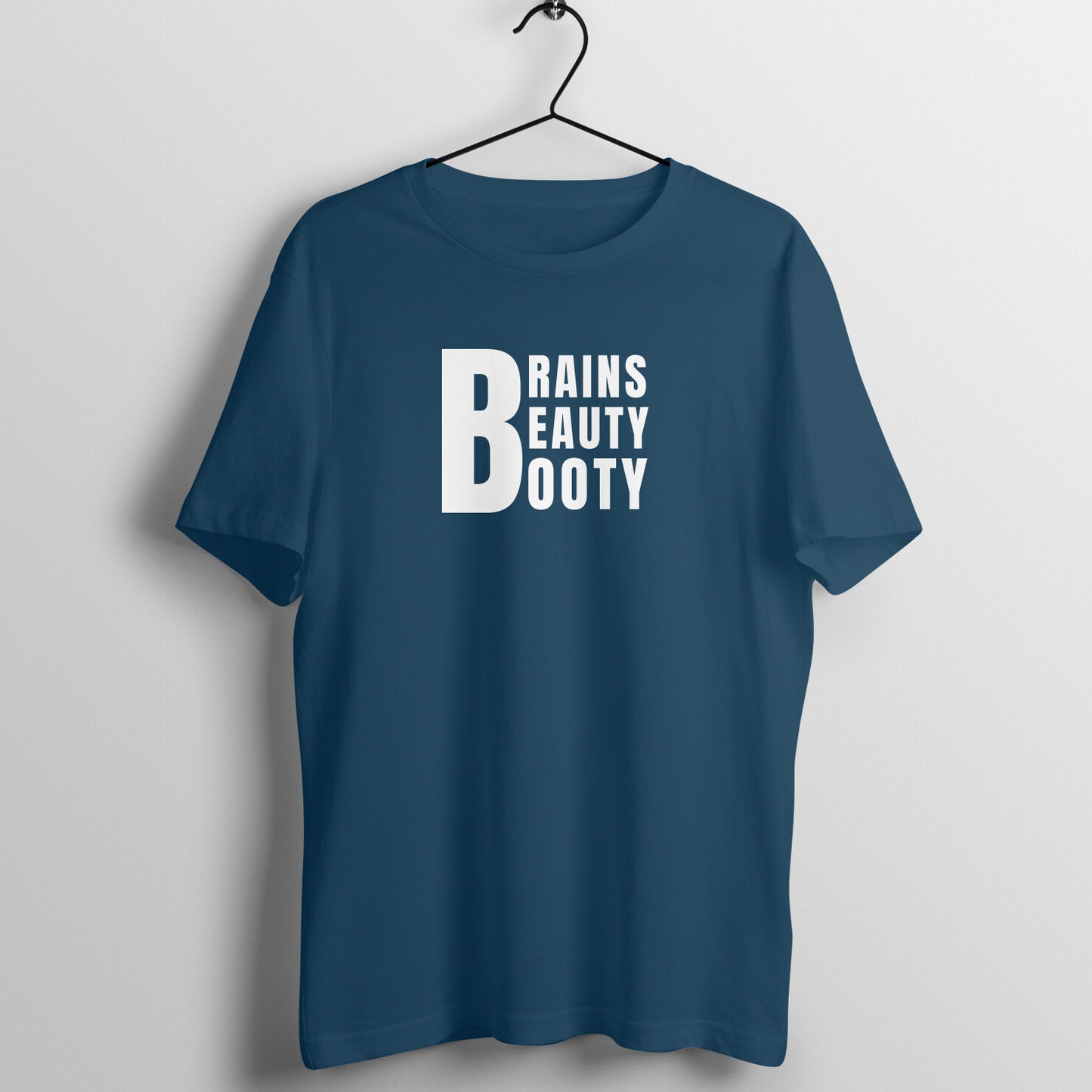 Navy Blue women's fitness t-shirt with "Brains Beauty Booty" quote | 100% combed cotton, 180 GSM fabric | Fempowered