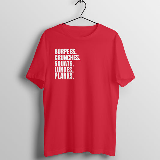 Red Burpees Crunches Squats Lunges Planks Women's Fitness T-Shirt | Fempowered