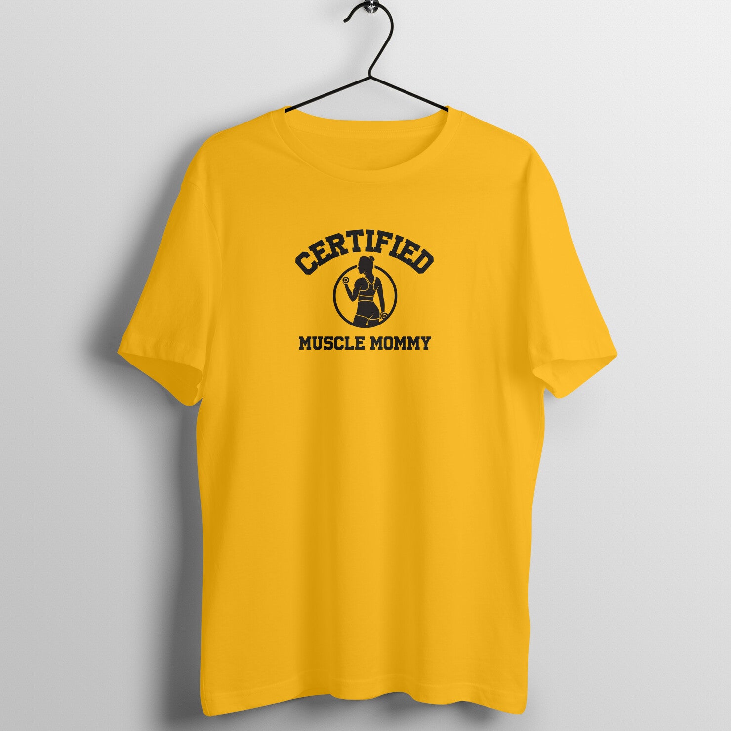 Golden Yellow women's fitness t-shirt with "Certified Muscle Mommy" quote | 100% combed cotton, 180 GSM fabric | Fempowered