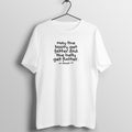 White women's workout t-shirt with "May the Booty Get Fatter and the Belly Get Flatter" text - Fempowered fitness tee.