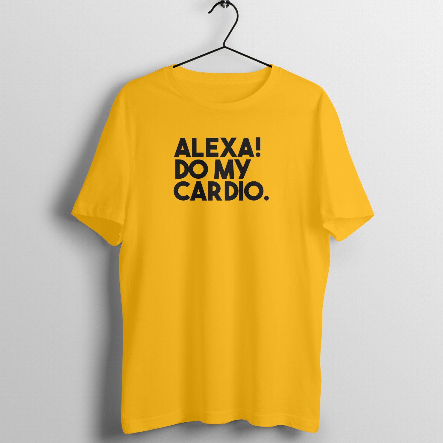 Golden Yellow women's fitness t-shirt with "Alexa Do My Cardio" quote | 100% combed cotton, 180 GSM fabric | Fempowered