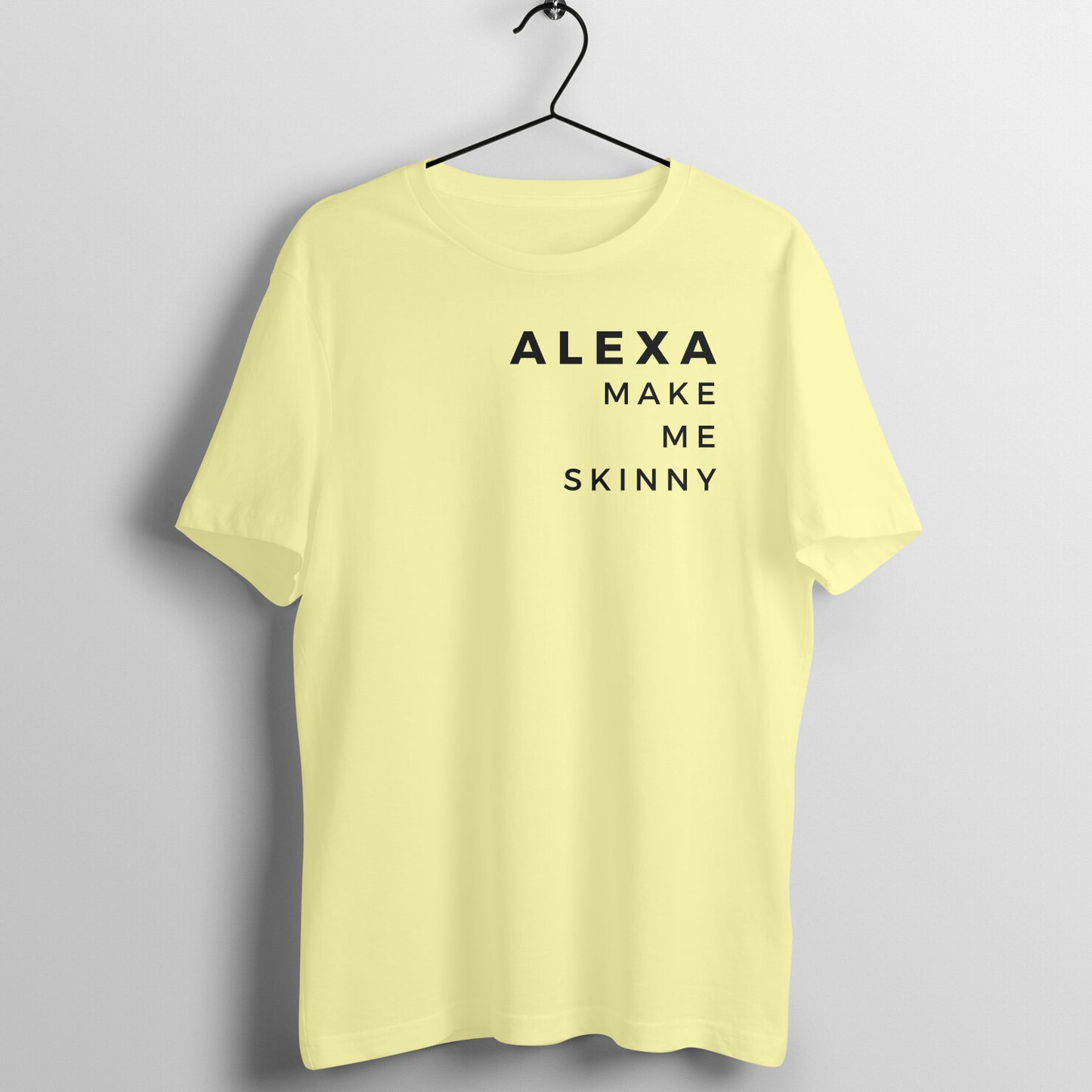 Butter Yellow women's fitness t-shirt with "Alexa Make Me Skinny" quote | 100% combed cotton, 180 GSM fabric | Fempowered