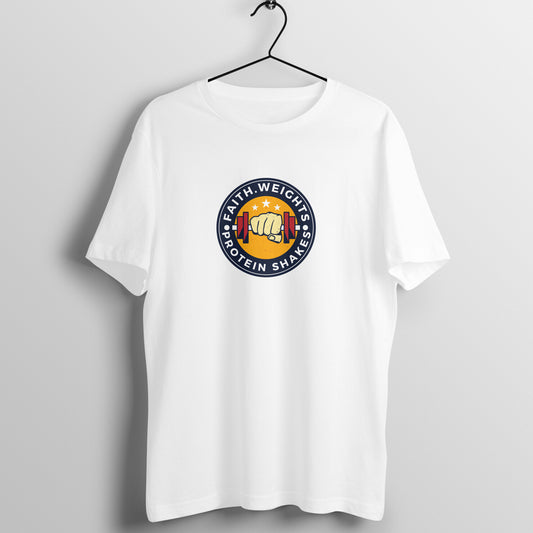 White Women's Fitness T-Shirt with 'Faith, Weights, Protein Shakes' design, perfect for workouts - Fempowered