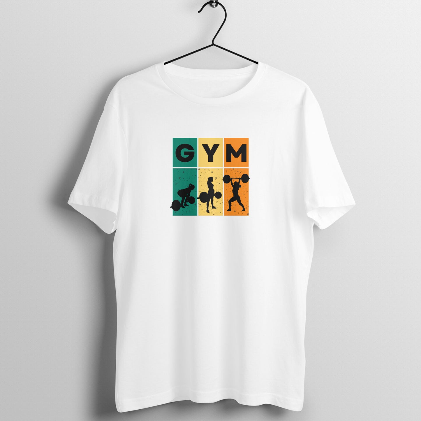 White women's fitness t-shirt with "GYM" silhouette design in teal, yellow, and orange | 100% combed cotton, 180 GSM fabric | Fempowered