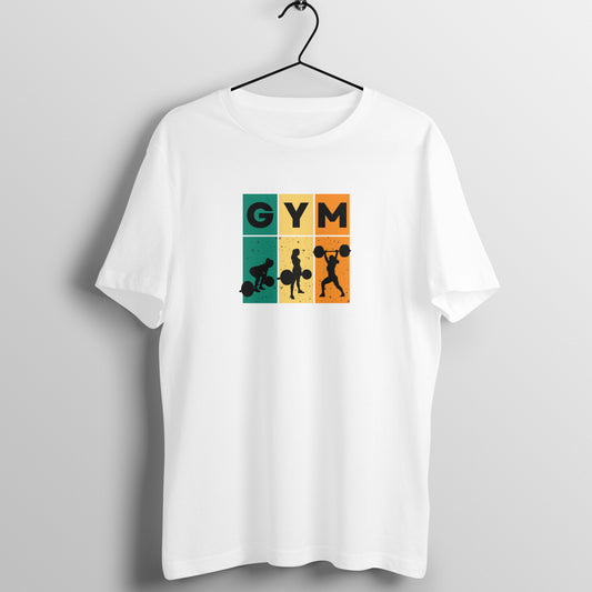 White women's fitness t-shirt with "GYM" silhouette design in teal, yellow, and orange | 100% combed cotton, 180 GSM fabric | Fempowered