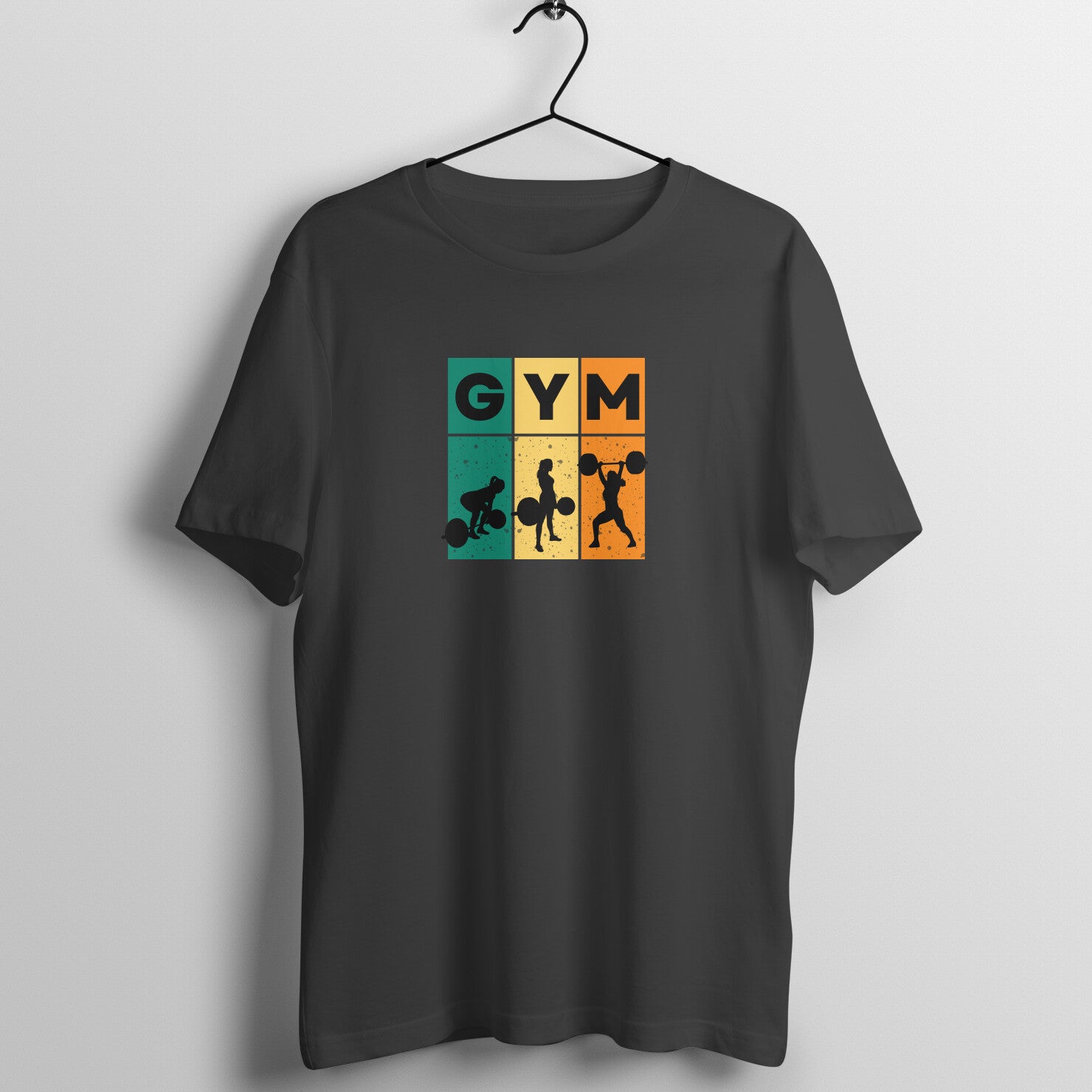 Black women's fitness t-shirt with "GYM" silhouette design in teal, yellow, and orange | 100% combed cotton, 180 GSM fabric | Fempowered