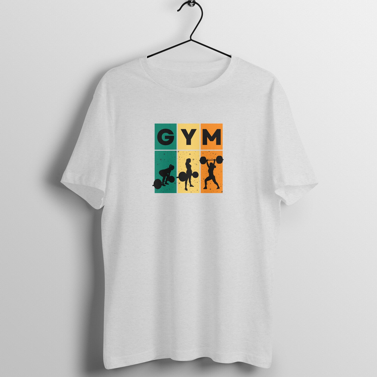 Melange Grey women's fitness t-shirt with "GYM" silhouette design in teal, yellow, and orange | 100% combed cotton, 180 GSM fabric | Fempowered