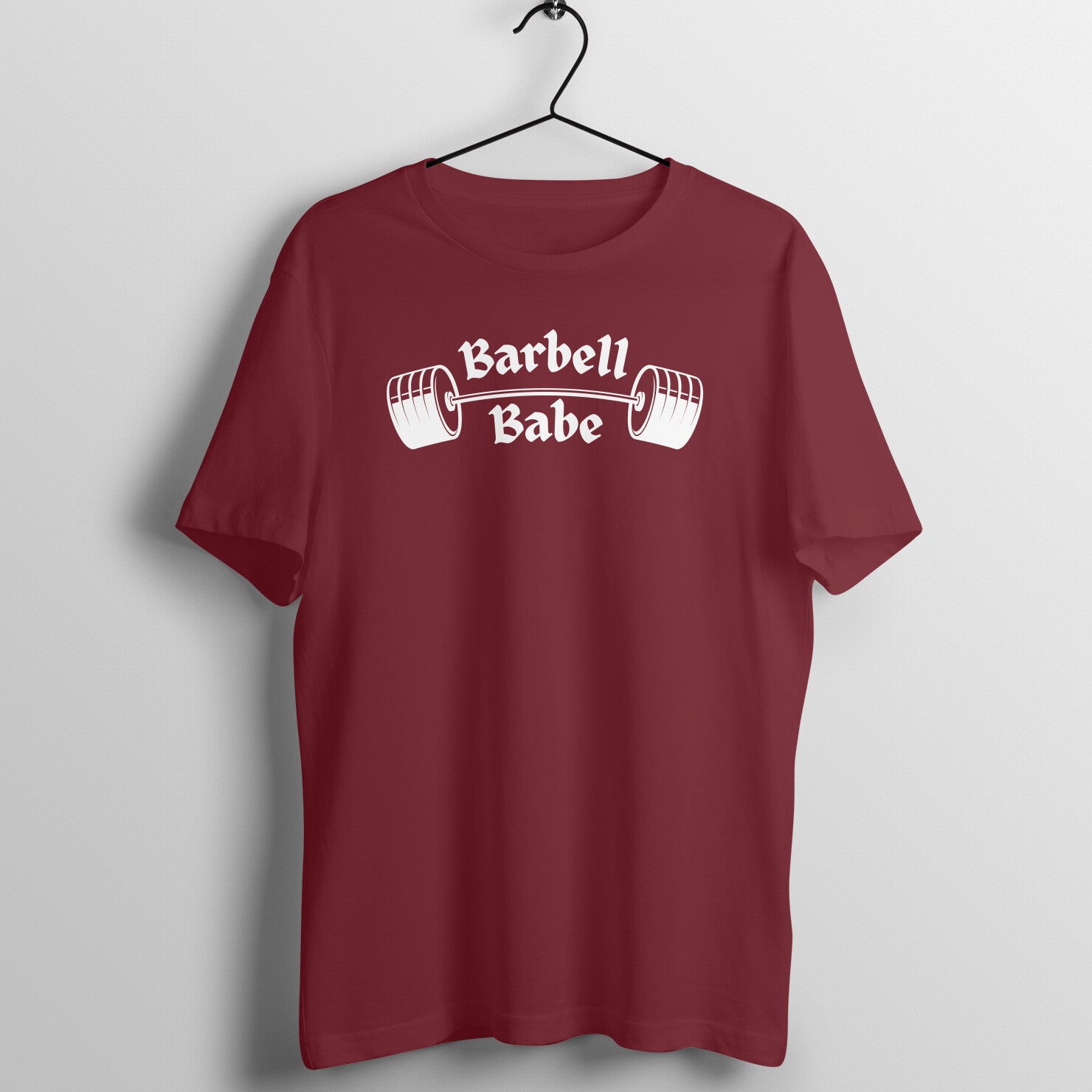 Maroon women's fitness t-shirt with "Barbell Babe" quote | 100% combed cotton, 180 GSM fabric | Fempowered