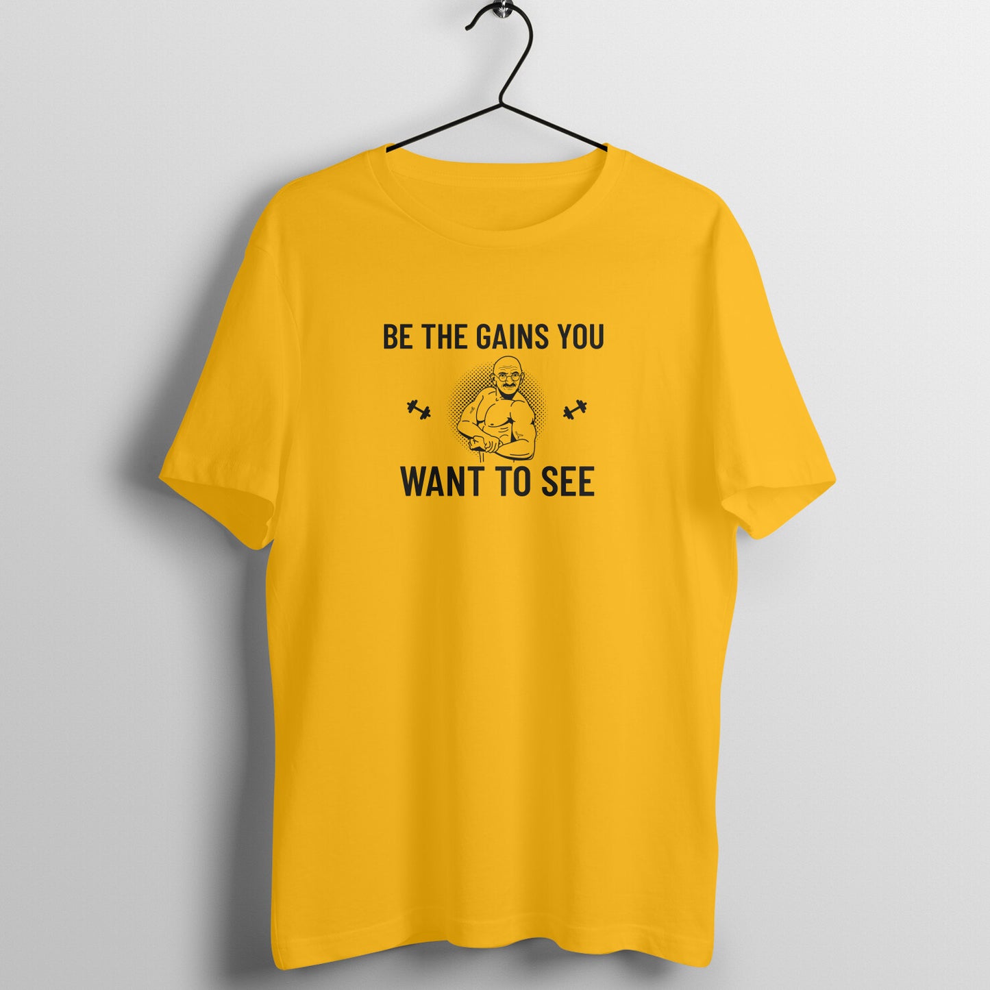 Golden Yellow women's fitness t-shirt with "Be the Gains You Want to See" quote | 100% combed cotton, 180 GSM fabric | Fempowered