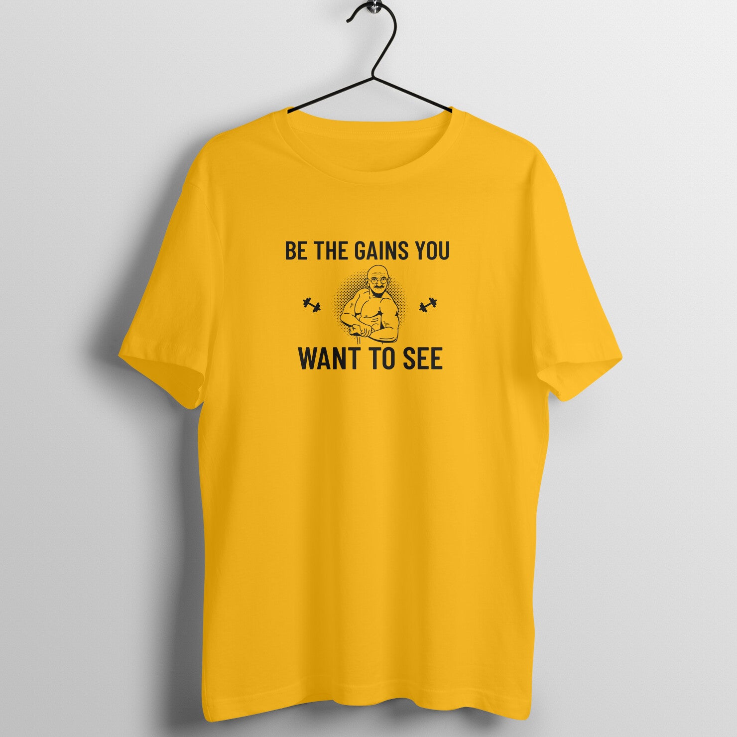 Golden Yellow women's fitness t-shirt with "Be the Gains You Want to See" quote | 100% combed cotton, 180 GSM fabric | Fempowered