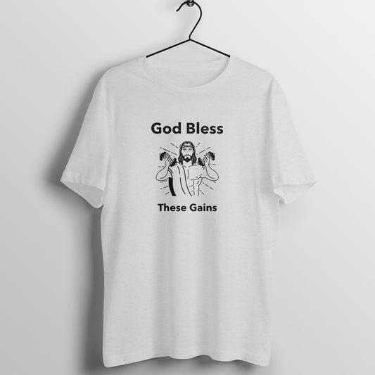 Melange Grey women's fitness t-shirt with "God Bless These Gains" quote in black | 100% combed cotton, 180 GSM fabric | Fempowered