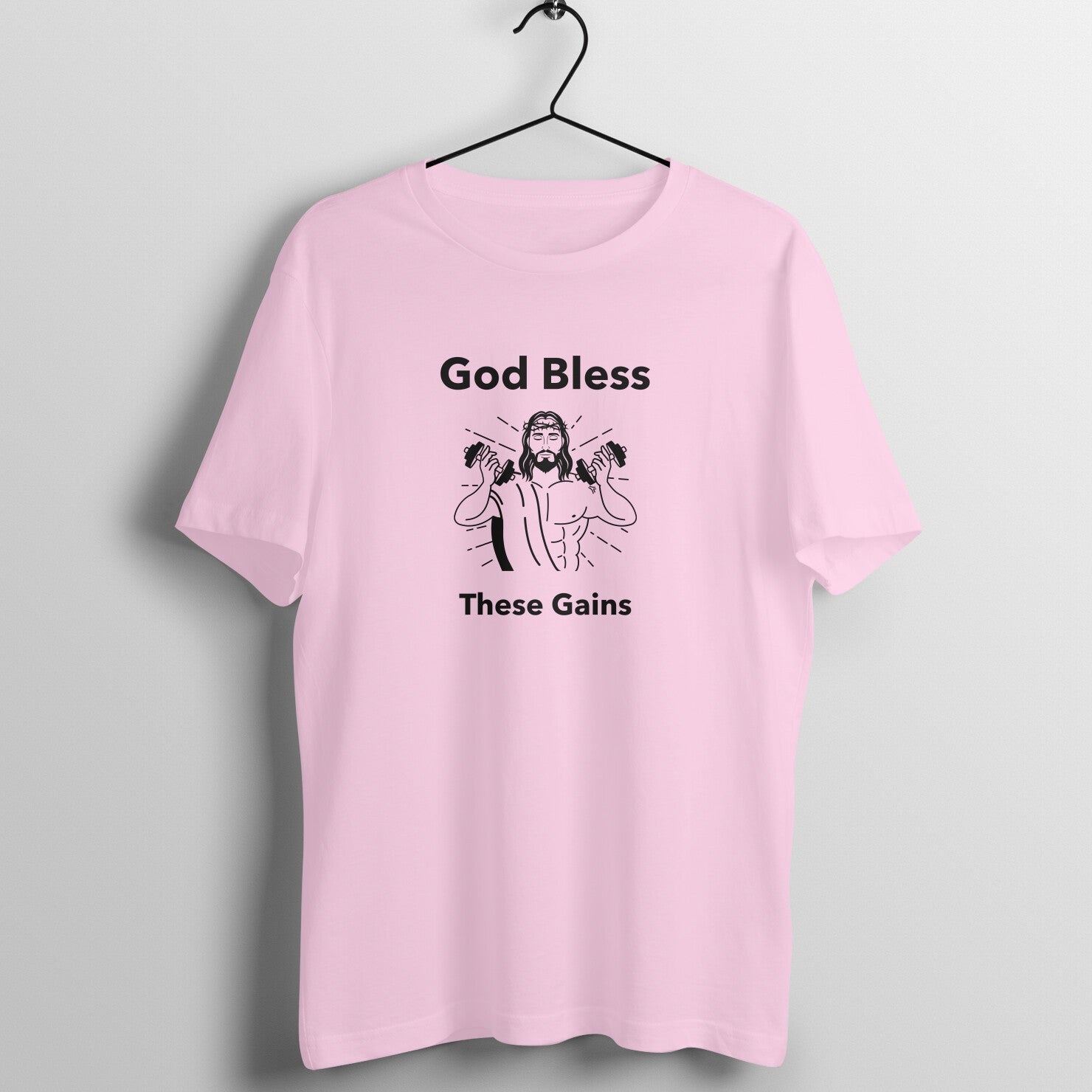 Light Pink women's fitness t-shirt with "God Bless These Gains" quote in black | 100% combed cotton, 180 GSM fabric | Fempowered