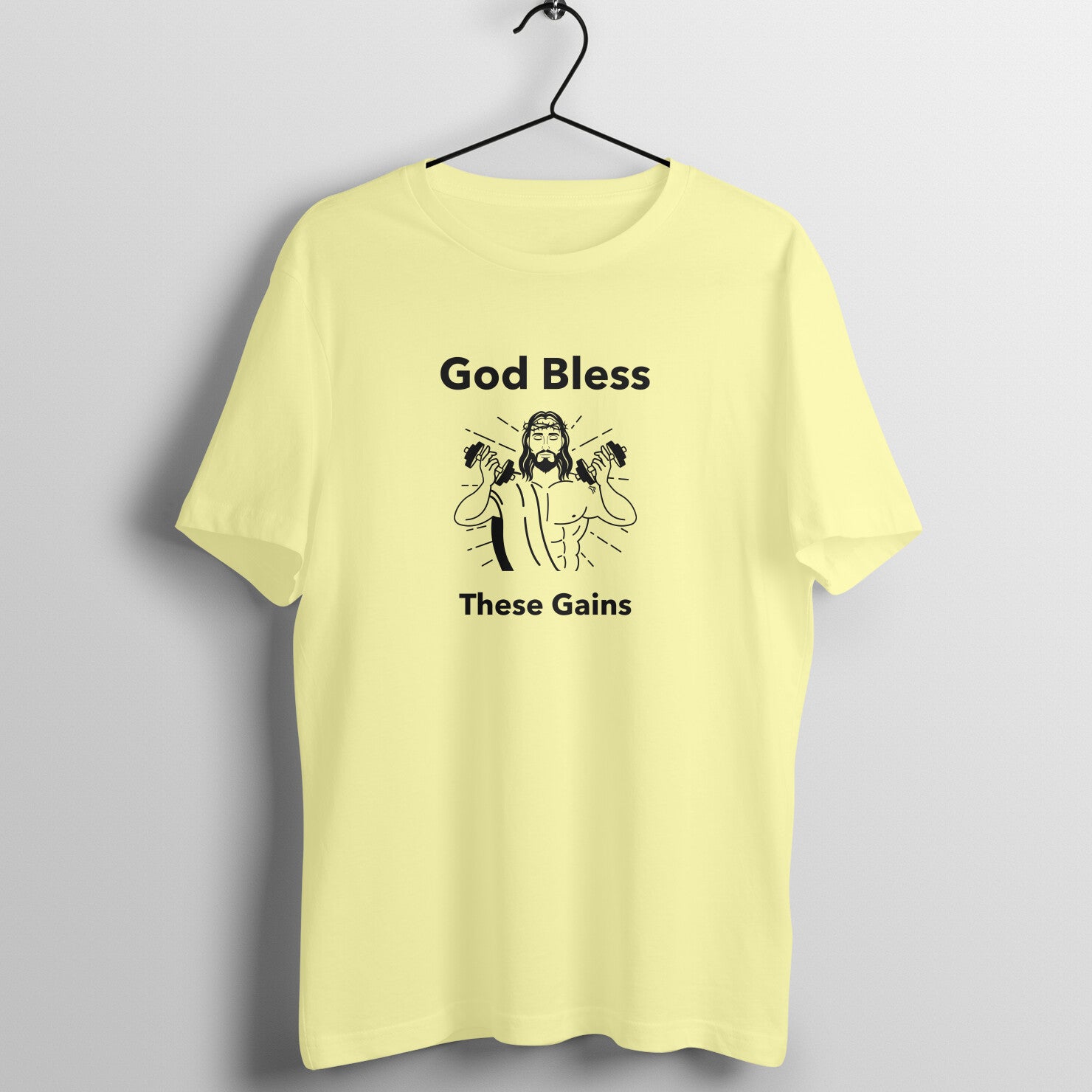 Butter Yellow women's fitness t-shirt with "God Bless These Gains" quote in black | 100% combed cotton, 180 GSM fabric | Fempowered