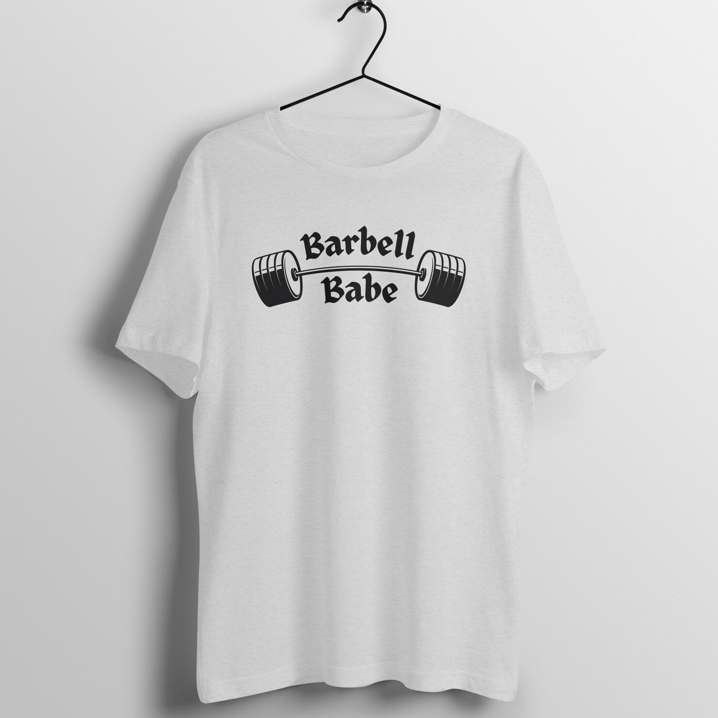 Melange Grey women's fitness t-shirt with "Barbell Babe" quote | 100% combed cotton, 180 GSM fabric | Fempowered
