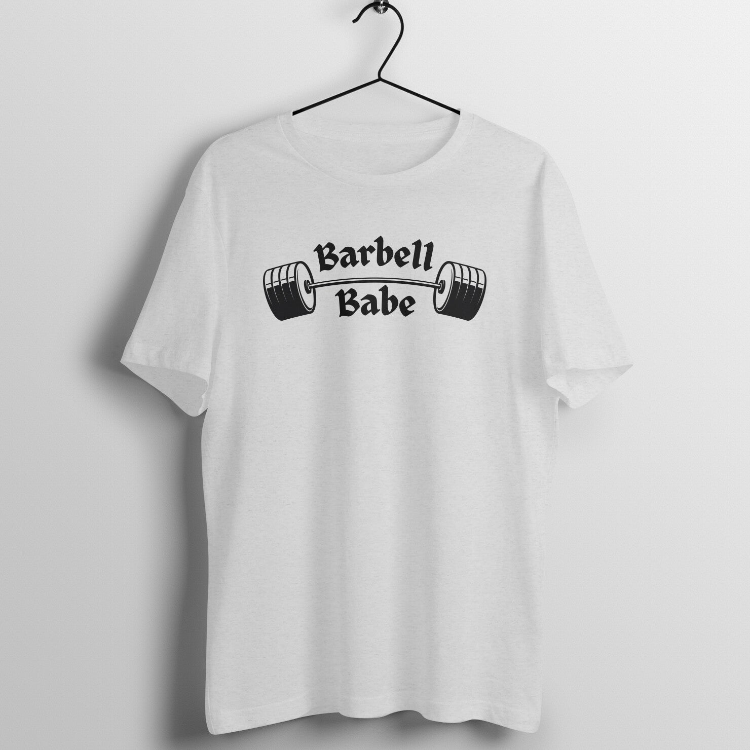 Melange Grey women's fitness t-shirt with "Barbell Babe" quote | 100% combed cotton, 180 GSM fabric | Fempowered
